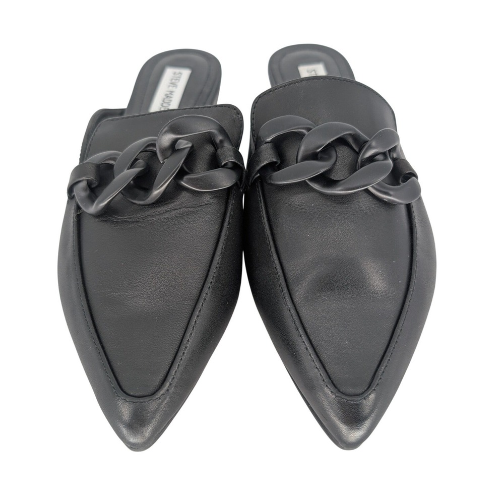 Steve Madden Fleur Mule Women 9M Black Leather Pointed Toe Chain Flat Chic Edgy - Picture 2 of 10